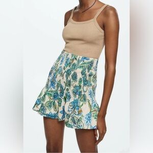 Mango NWT 100% Cotton Cream, Blue Green Floral Mini Skirt (Size Small)